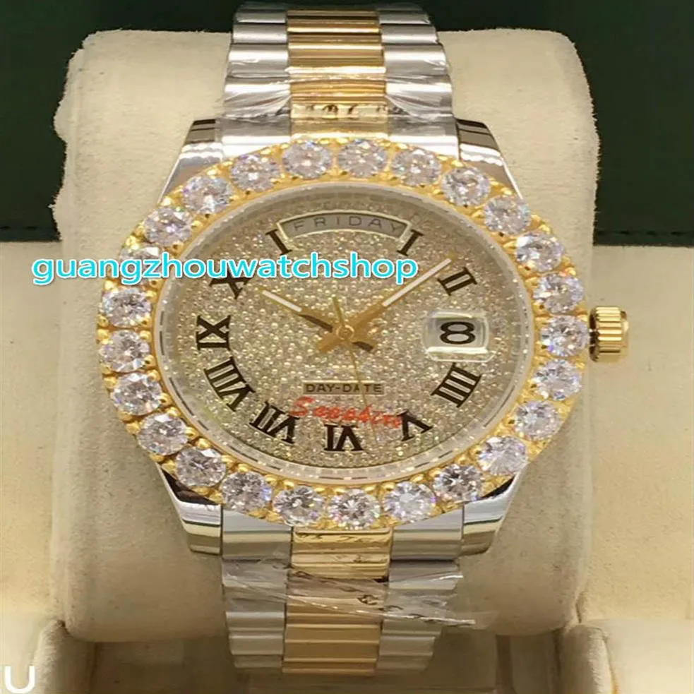 Prong Set Diamond Wristwatch 43mm Mens Two Tone Gold rostfritt stål Diamond Dial Fashion Watches Automatic Mechanical Big Diamond2296