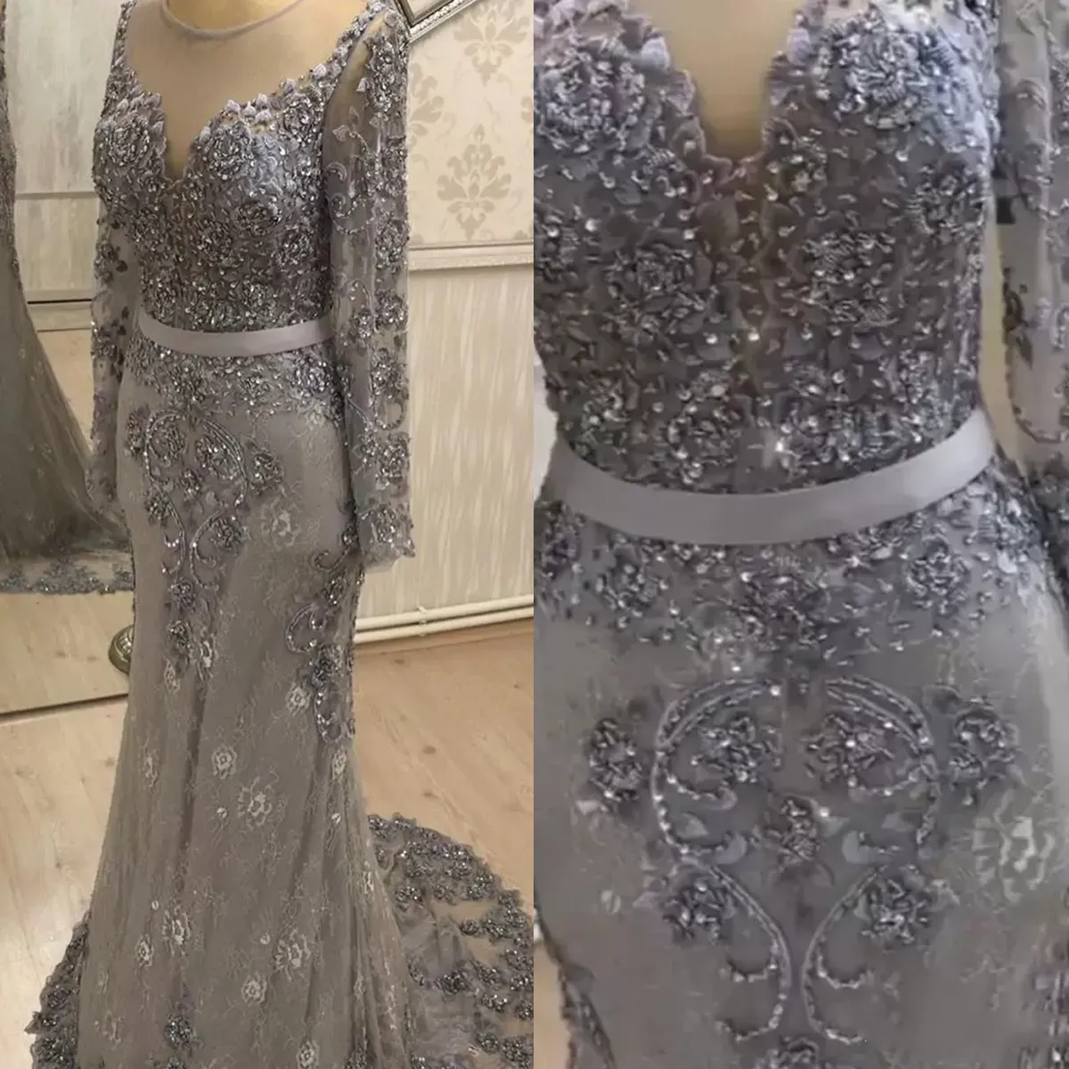 2023 Gray Mermaid Evening Dresses Sequins Pärlade långa ärmar Designer Scoop Neck Sweep Train Custom Made Formal OCN Wear Arabic Prom Gown Vestidos 401 401