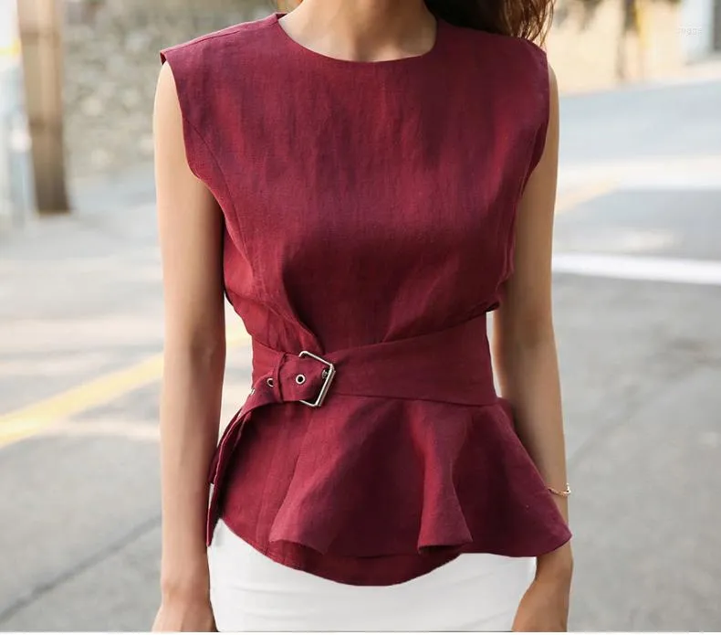 レディースブラウス2022ブランド女性ベルトペプラムシャツ高品質のノースリーブコットンブラウスプラスサイズ夏のトップフェムケミスブルザ