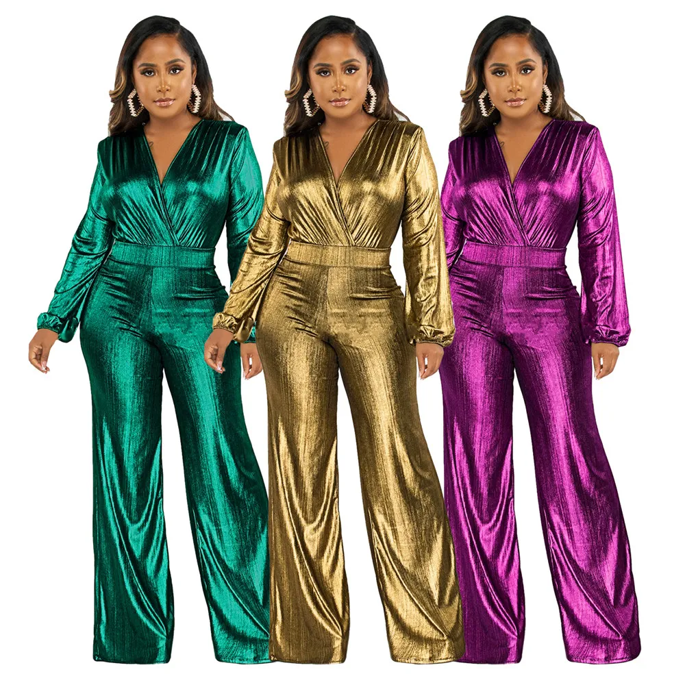 2024 Designer Glitter Métallique Combinaisons Femmes Vêtements De Fête Sexy V Profond Night Club Salopette Élégante Jambe Large Barboteuse En Gros Automne Hiver Tenues D'une Seule Pièce 8788