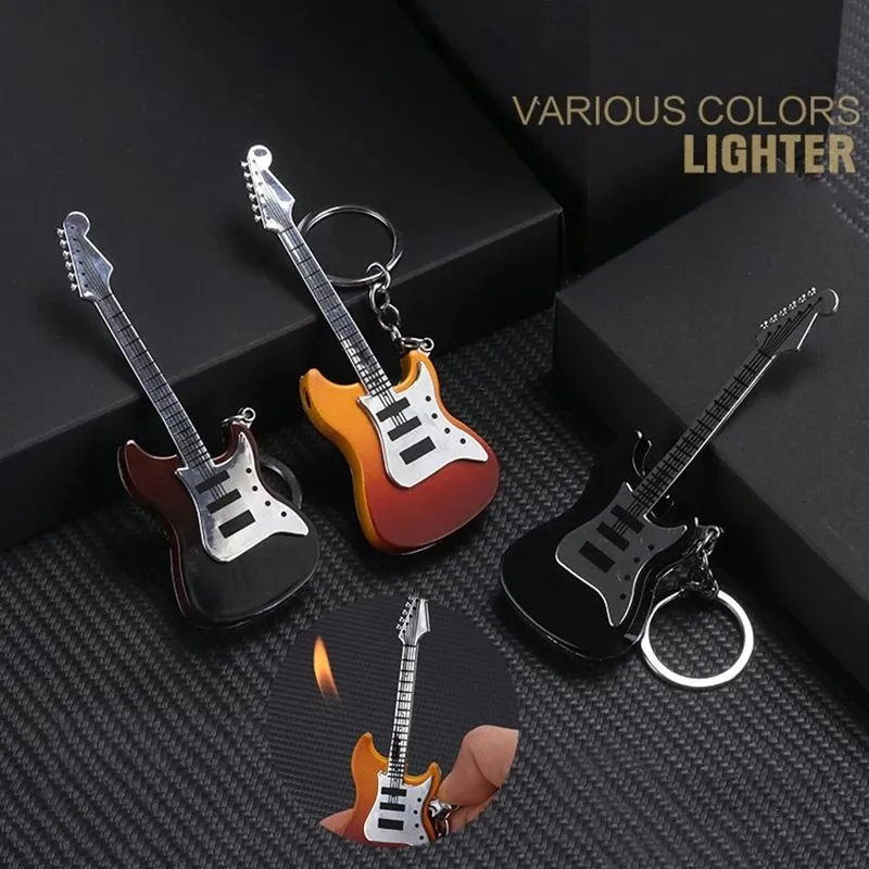 Creative Guitar Shape Gas Inflatable Lighter Open Flame Cigarette Keychain Cigarettes Smoking Gadgets Funny Play Tool Gift RRA746