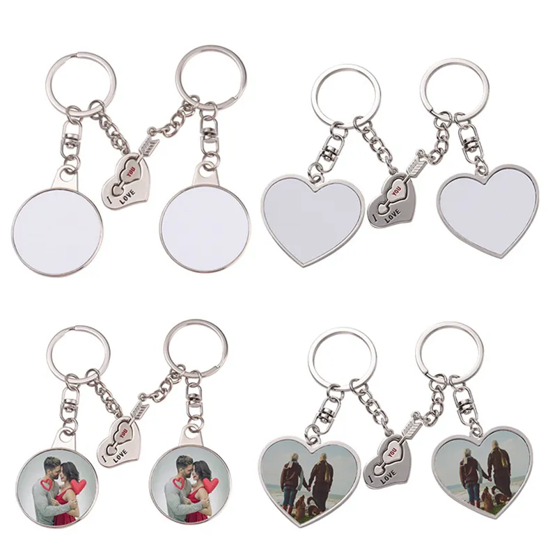 Sublimate Blank Couple Keychain Heat Transfer Printing Round Heart Keychain Pendant DIY Gift Keyring