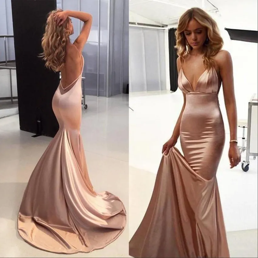 Elegant Sexy Rose Gold Prom Party Dresses Spaghetti Backless Sweep Train Backless Simple Mermaid Occasion Red Carpet Evening Gowns