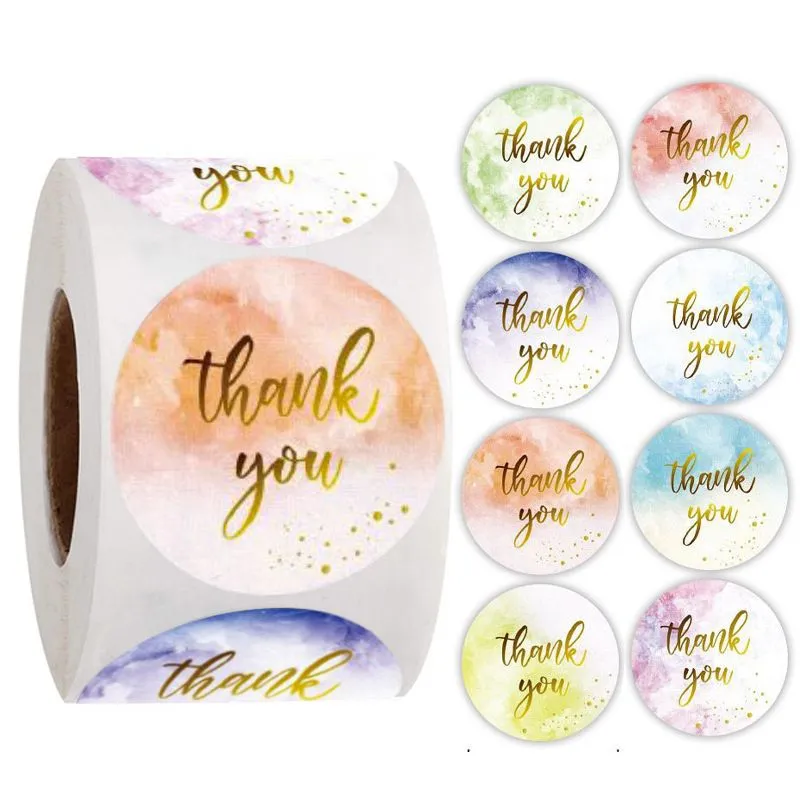 Kleurrijke ronde "Thank You" sticker afdichtingslabel papier roll verpakking decoratie handgemaakt bedankt sticker rrd60