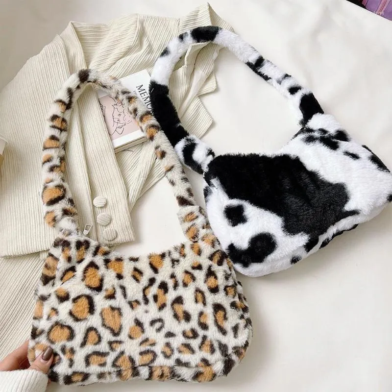 Evening Bags Women's Bag Plush Fur Leopard Cow Zebra Print Pattern Shoulder Winter Zipper Armpit Fluffy Soft Small Underarm