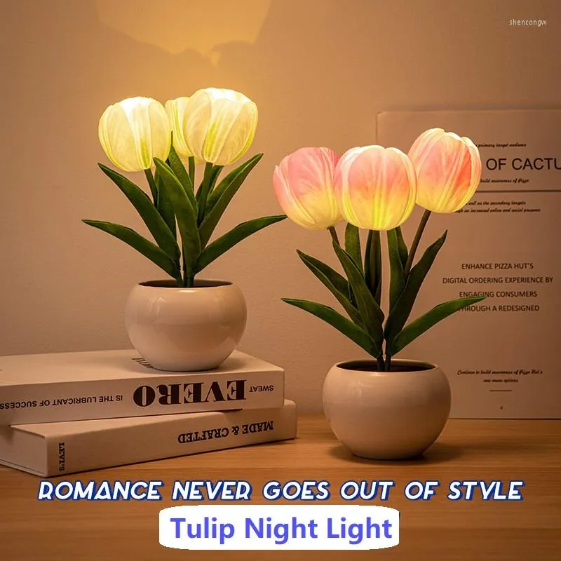 Veilleuses LED Tulipe Lumière Simulation Fleur Lampe De Table Décoration De La Maison Ambiance Romantique En Pot Chambre