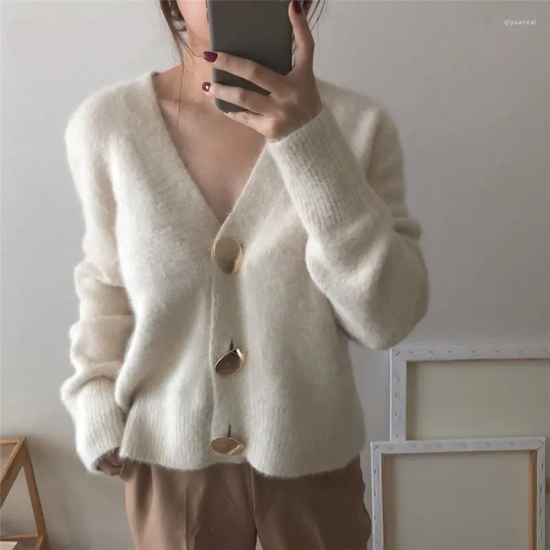 Pulls pour femmes Mohair pull à manches longues femmes 2022 automne hiver élégant simple boutonnage court Cardigan doux flexible Outwear tricoté