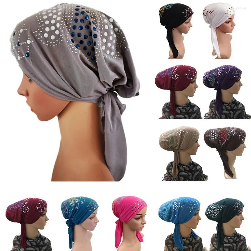 Abbigliamento etnico musulmano sotto la sciarpa Bone Bonnet Donna cappuccio interno strass Hijab Underscarf Cancro Chemio islamico Cappello per la perdita dei capelli