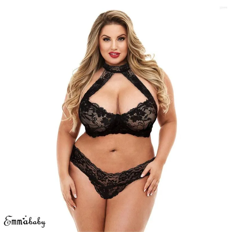 Conjuntos de sutiãs feminino plus size Sissy preto Lingerie Conjunto de sutiã de renda Bralette Halter fio dental oco Babydoll Roupa íntima 3XL-5XL