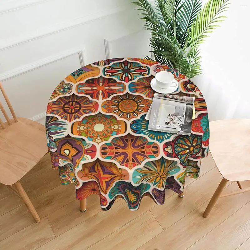 Table Cloth Ethnic Mandala Flower Round Tablecloth 60 Inches-Waterproof Stain And Anti-Wrinkle Washable Fabric
