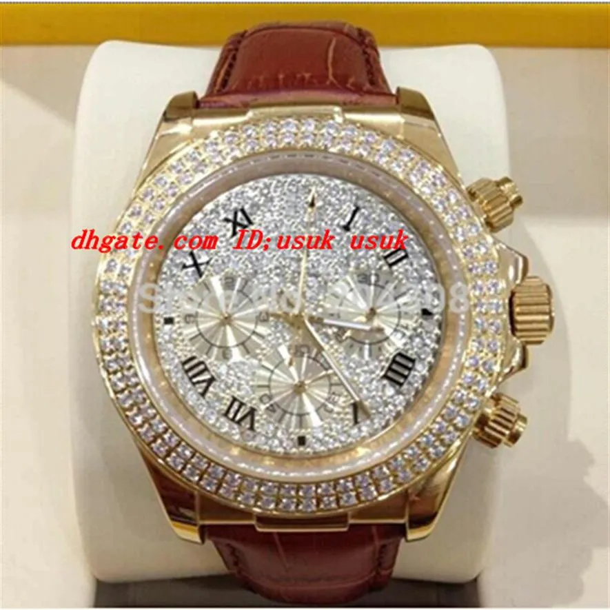 Gloednieuwe luxe polshorloge 18k Rose Gold Pave Diamond Dial 116509 Automatische heren Watch Lederen Strap Men's Sport Pols Watch263Z