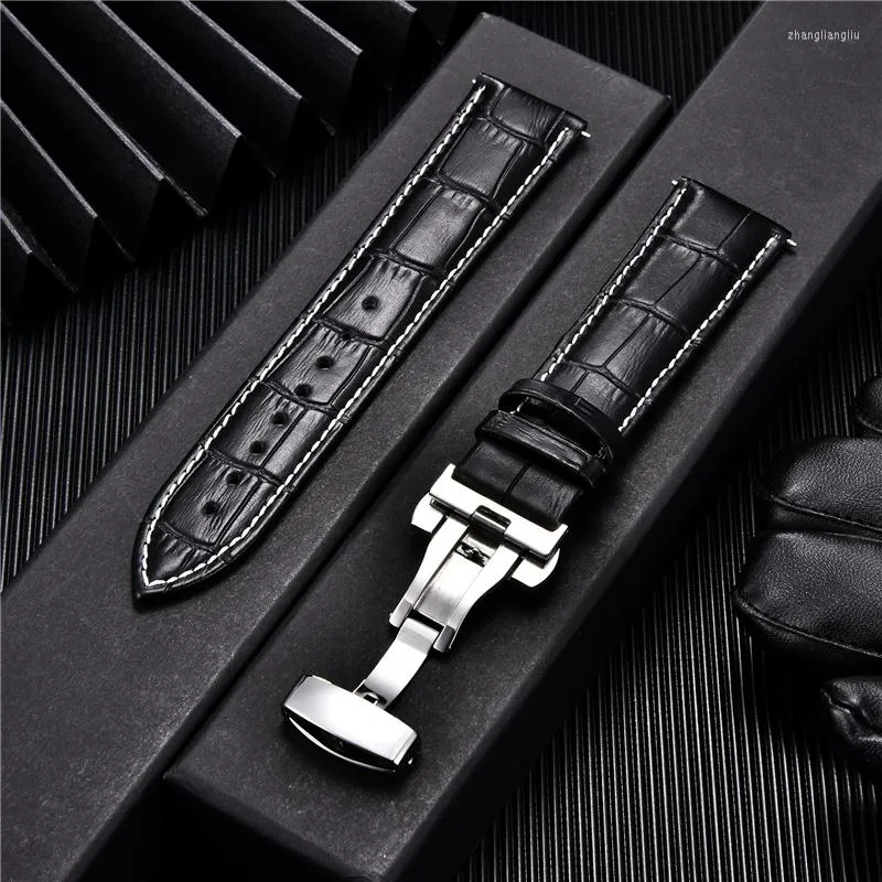 Assista Bandas Business Leather tiras de couro inoxidável Butterfly Buckle Men Watch Bands 16/17/18/19/20/21/22/23/24 mm Strap