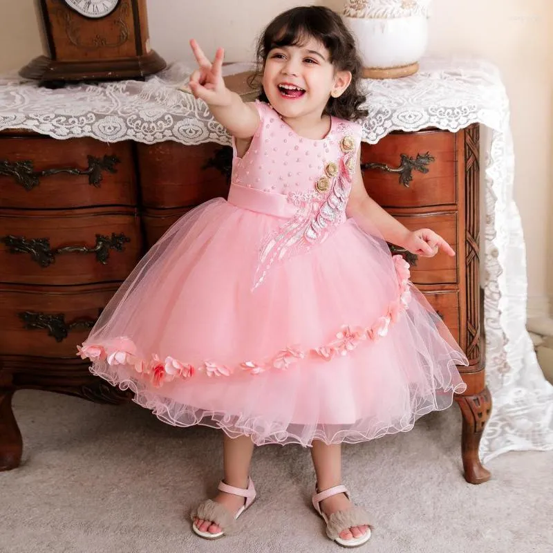 Robes de fille robe à fleurs pour les filles sans manches maille perlée robe de bal été bébé premier an anniversaire soirée formelle de mariage