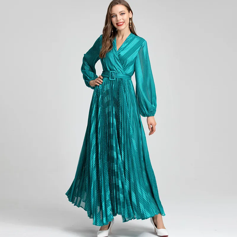 Women's Dress Sexy V Neck Long Lantern Sleeves Printed Pleated Elegant Fashion Maxi Party Prom Gown