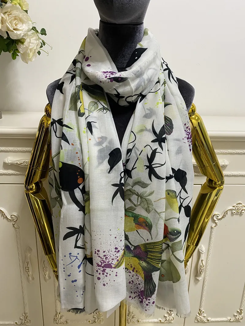Kvinnors långa halsduk sjal pashmina 100% kashmirmaterial tunt och mjukt vitt tryck blommor fågelmönster stor storlek 190 cm -130 cm