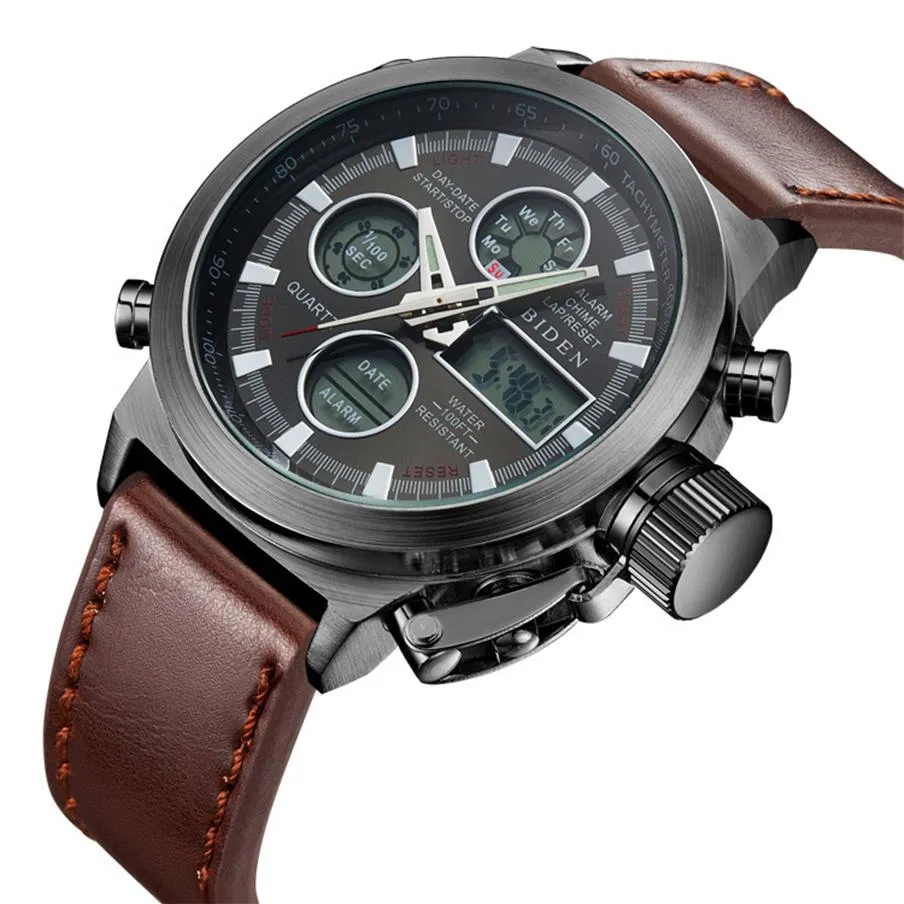 Montre militaire pour hommes en cuir marron et nylon à la mode montres de sport numériques analogiques étanches pour hommes 2018257l