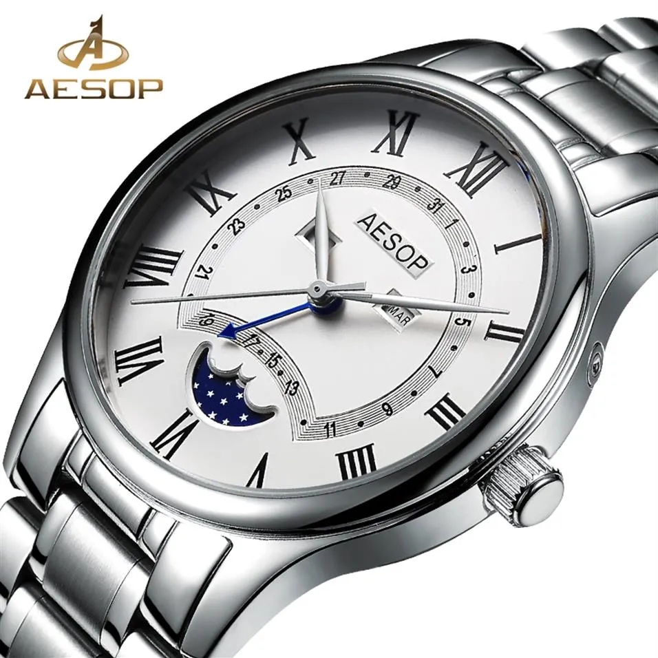 Aesop zegarek luksusowy księżyc faza kwarcowa nadgarstka zegar ze stali nierdzewnej męski zegar mężczyźni Wodoodporne Relogio Masculino2816