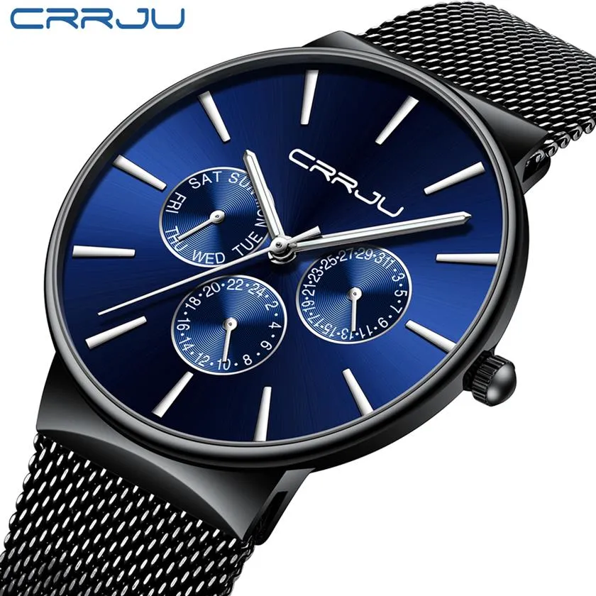 reloj hombre crrju top brand di lusso da uomo orologi impermeabile ultra sottile data orologio da polso cinturino in maglia maschile orologio al quarzo casual291o