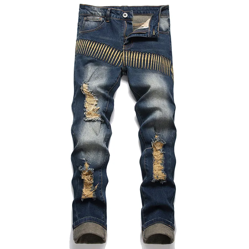 Retro h￥l rippade n￶dst￤llda jeans f￶r m￤n h￶sten rakt tv￤ttade broderade l￶sa denimbyxor avslappnade stretch mid-mist byxor pantalones para hombre vaqueros