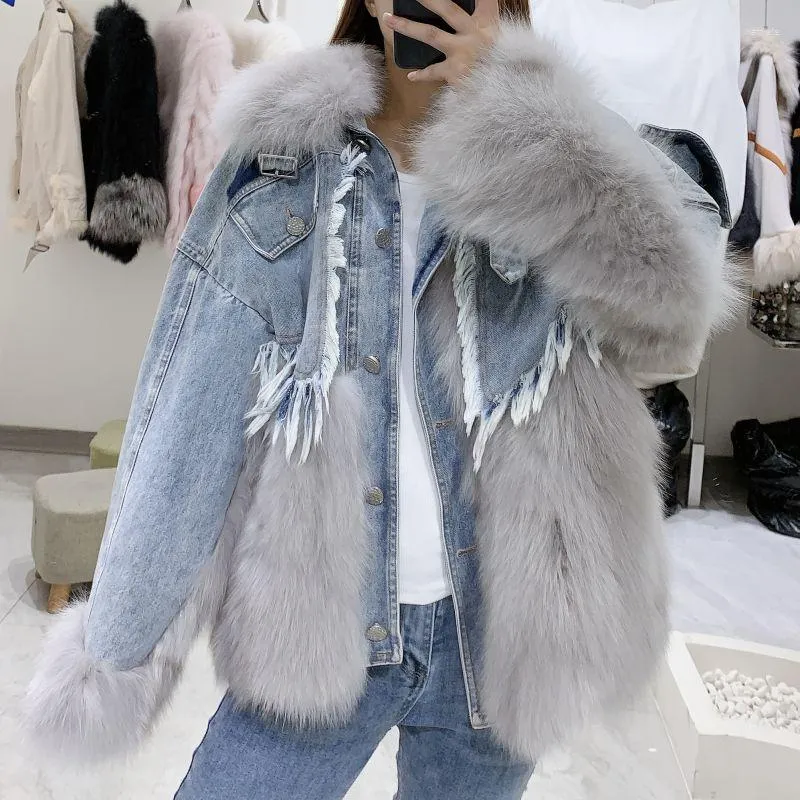 Frauen Pelz Ins Natürliche Parka Patchwork frauen Winter Jacken 2022 Echt Mantel Denim Jacke Mit Weiblichen Oberbekleidung