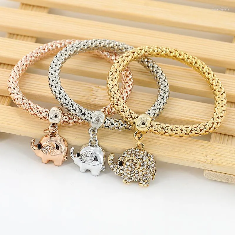 Link Bracelets 3pcs/set Elephant Butterfly Round Chain Gold Silver Color Square Rhinestone Charm Jewelry For Women