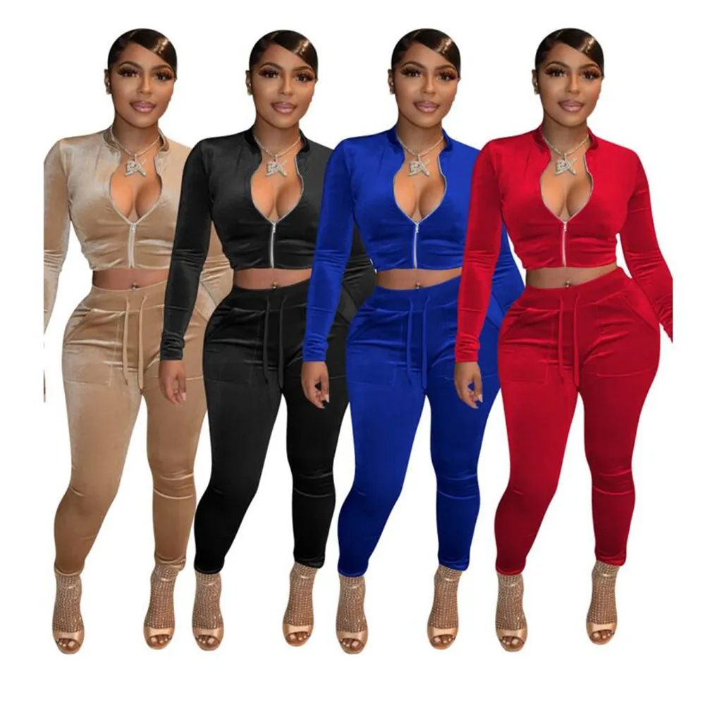 Femmes Designer Golden Velvet Survêtements Femmes Deux Pièces Ensemble Automne Hiver Sweatsuits À Manches Longues Veste Pantalon Tenues Casual Velours Sportswear En Gros Tissu 4zoc