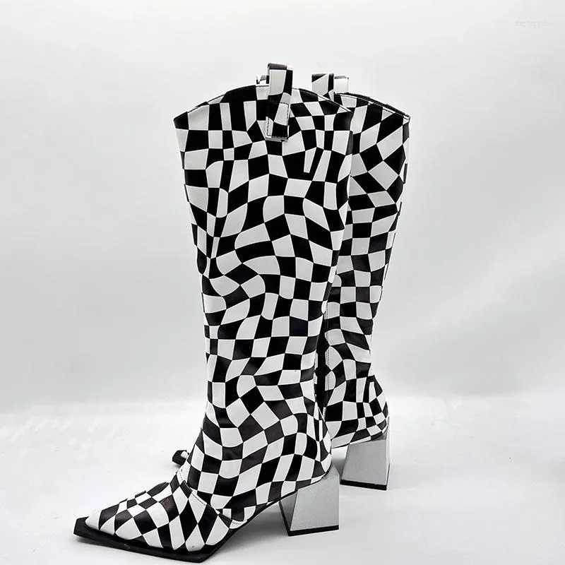 Boots Black and White European American Style Point Side Side Zipper Talon ￩pais Talons sauvages talons en acier