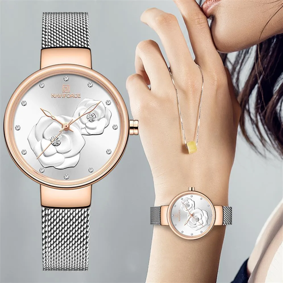 Kvinnor tittar på Naviforce Top Luxury Brand Steel Mesh Waterproof Ladies Watches Flower Quartz Female Wristwatch Charming Girl Clock219L