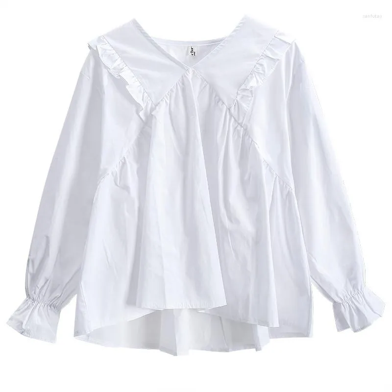 Dames blouses dames witte blouse veer herfst casual losse v-neck ruches vrouwelijke lange mouw shirts blusas tops plus size ab1597