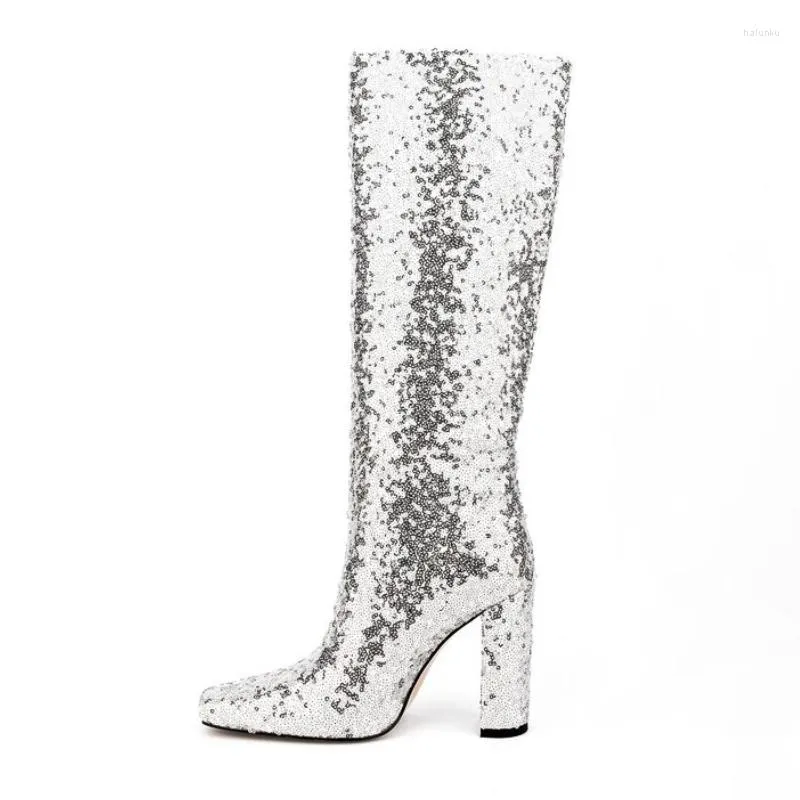 Botas tamanho grande 45 lantejoulas 2023 Marca de inverno Moda Bling Knee High Nightclub Party Sapates Women Women Runway Elegant