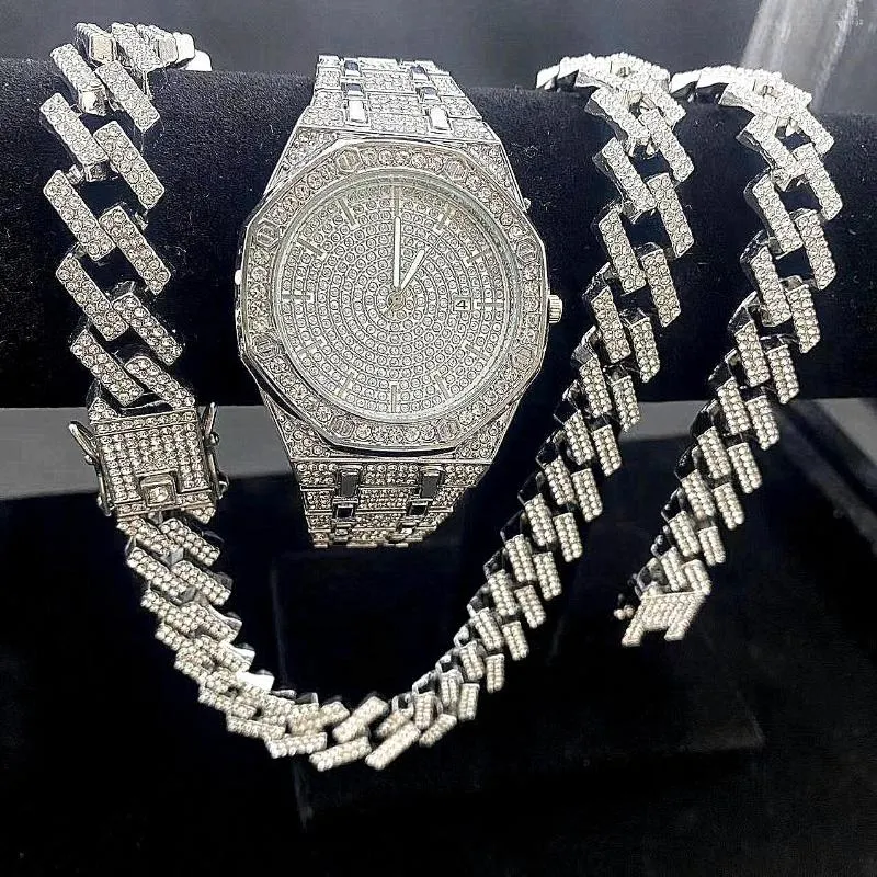 Łańcuchy 3 szt. Iced Out zegarki dla mężczyzn złoty zegarek 15mm kubański Link bransoletka naszyjniki diament Hip Hop biżuteria mężczyzna zegar