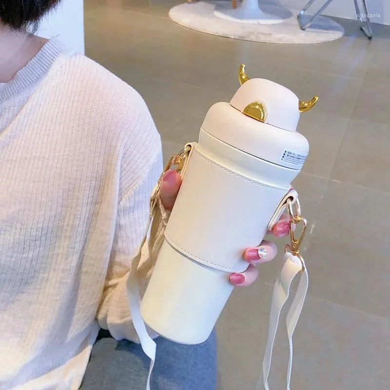 Mugs Cute Lady High-value Stainless Steel Vacuum Flask Female Student Cup With Straw Portable Simple Water