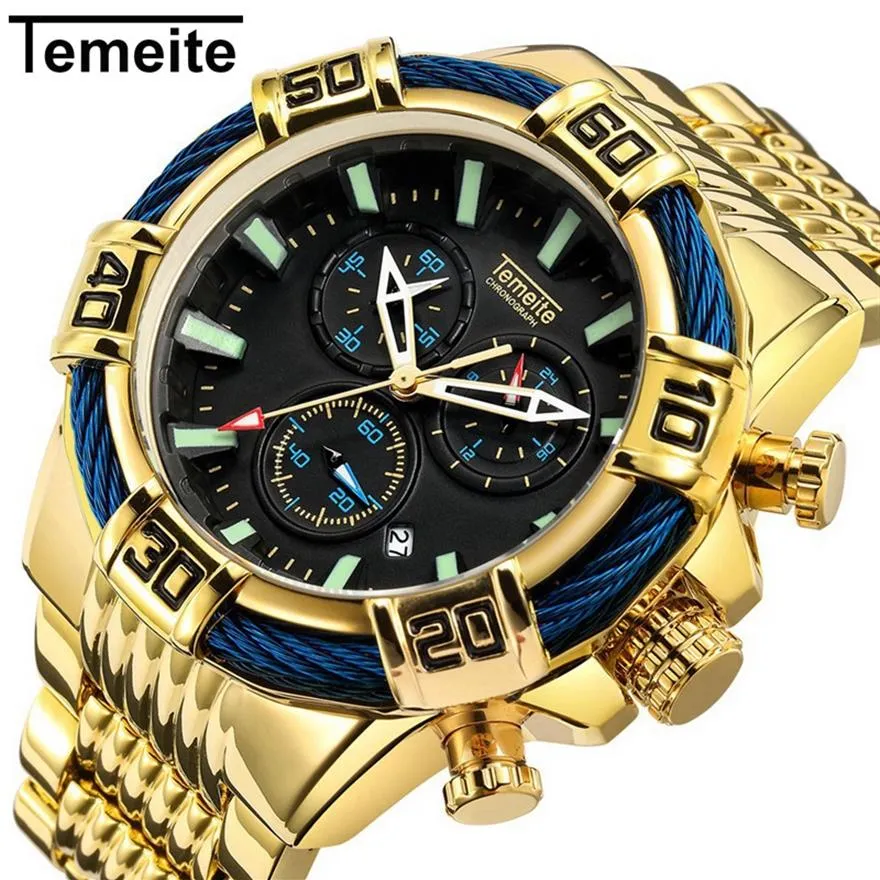 Topmerk Temeite New Quartz Analog horloges Big Dial Gold Clock Men Business Military Polshatches Men Men Relogio Masculino279L