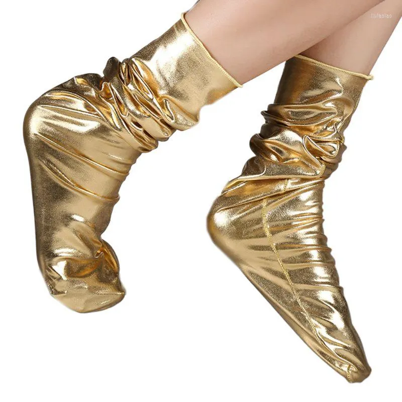 Women Socks Faux Patent Leather Loose Crew Shiny Metallic Wetlook Solid Clubwear Q6PB