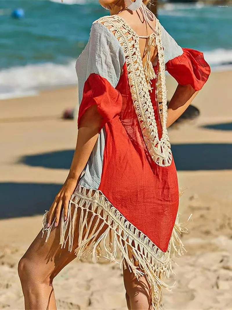 Damskie stroje kąpielowe fringe frędzle puste splatanie Tunik Backless Beach Count Up Cover Up sukienka noszona na plażę kobiety K4059