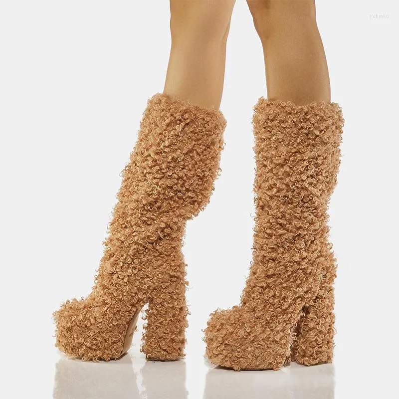 Boots Platform Chunky Heel Round Toe Women Luxury Wool Päls Knäslängd Vinter Fashion Sexig fest Catwalk Shoes
