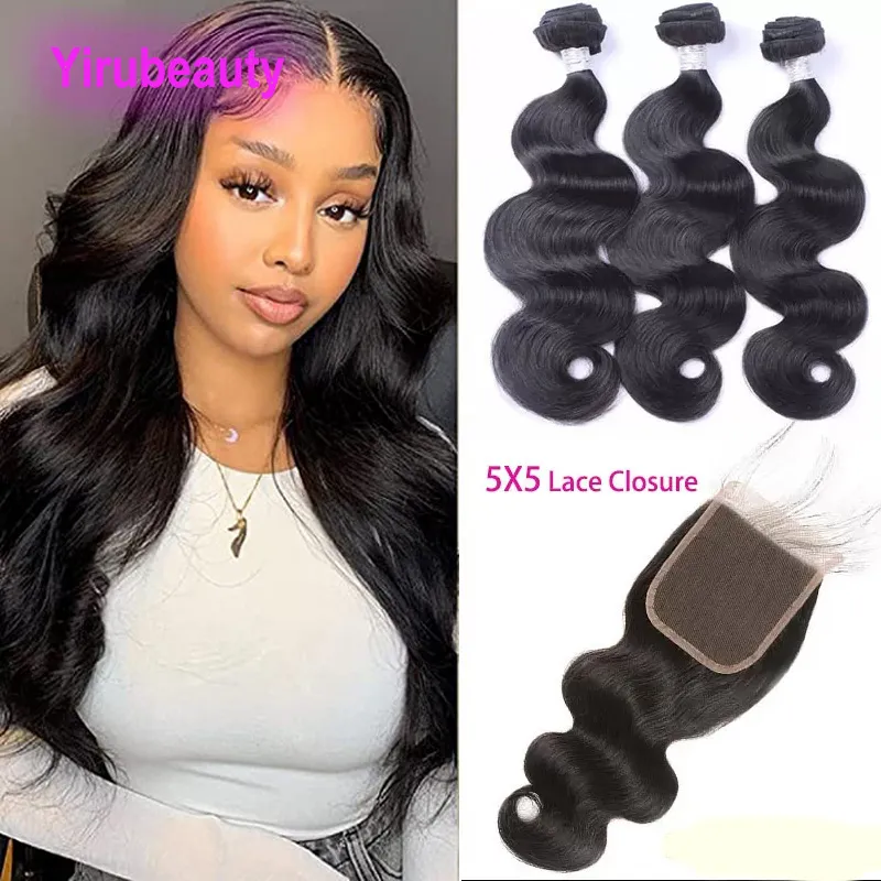 Malezyjskie pakiety ludzkich włosów z koronkowymi końcami 5x5 Koronki Naturalny kolor ciała fala Virgin Hair Extensons