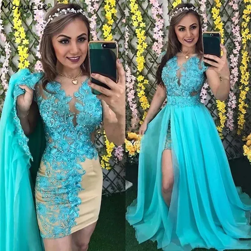 2023 turquoise avondjurken zeemeermin schede met afneembare trein kanten appliqued chiffon vloer lengte plus size plooien prom jurk formele aangepaste vestidos