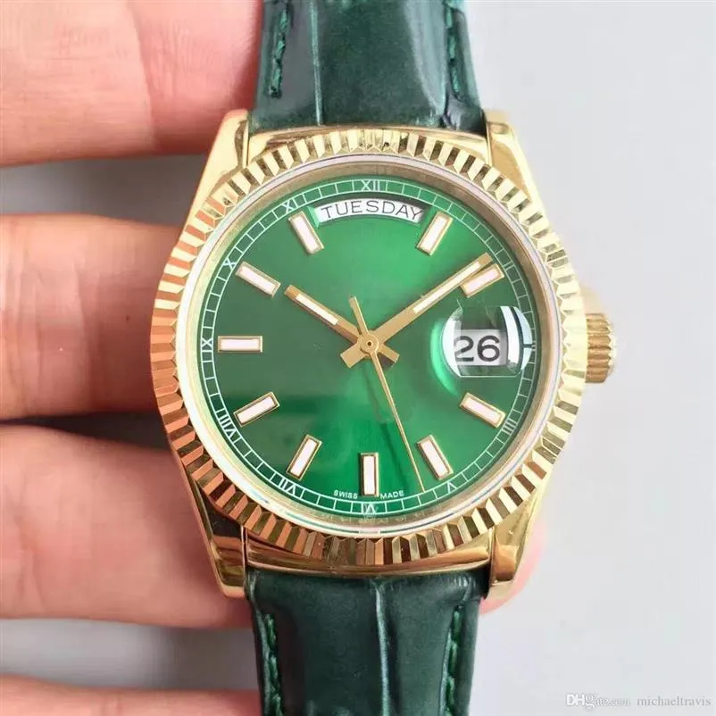 Luxe horloges voor heren groene wijzerplaat 36 mm 18k gouden driehoek crack bezel automatische beweging horloges239p