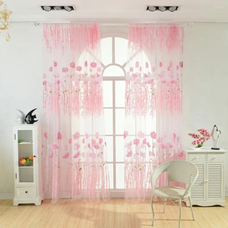 Cortina de tul transparente para ventana, cortinas de poliéster lavables con patrón de flores, cortinas de tela de gasa para sala de estar, decoración del dormitorio, 1 Uds.