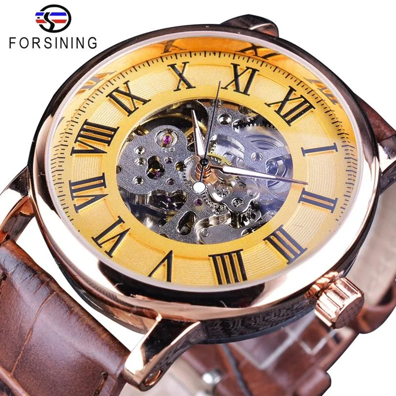 Forsining Classic Retro Design Skeleton Golden Roman Number Brown Leather Mens Mechanical Watch Top Brand Luxury Automatic Watch307U