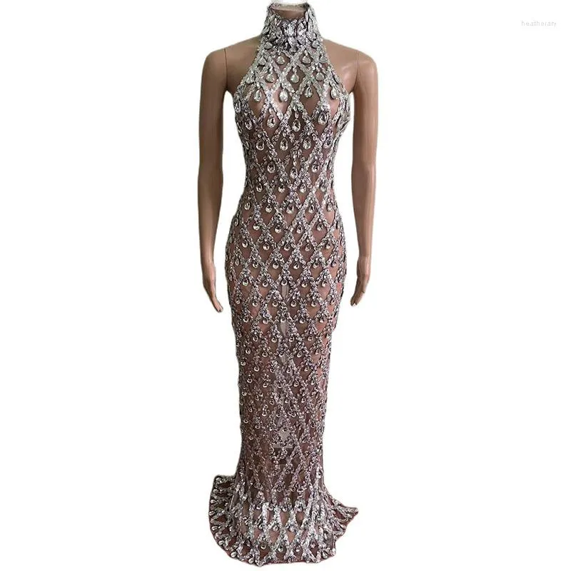 Abbigliamento da palcoscenico Paillettes argento scintillanti Abito da sposa di compleanno senza maniche Sera lucida Festeggia vestito Maglia elasticizzata Danza trasparente