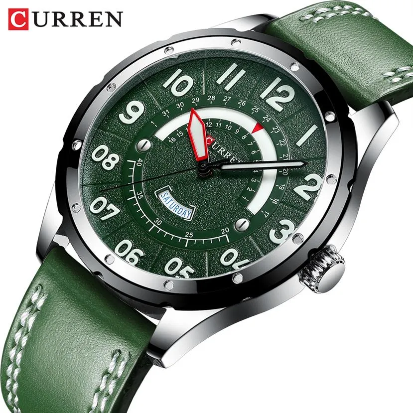 Casual Business Leather Strap Watch for Men Luxury Brand Military Green Clock Mens Quartz Wristwatch Male Calendar Watches308w