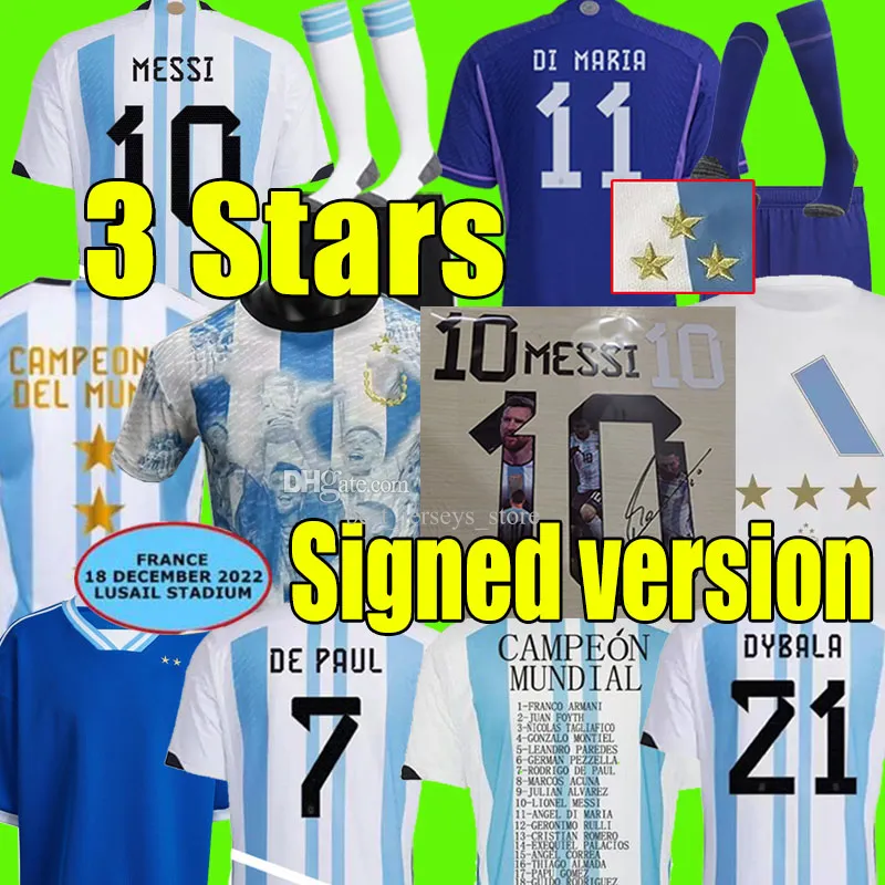 3 étoiles 4xl 22/23 Argentine Soccer Jerseys Signé Version J.Alvarez Di Maria Football Shirts 2022 2023 KUN AGUERO DYBALA LO CELSO MENS Men Kits Kits Kits Full Full