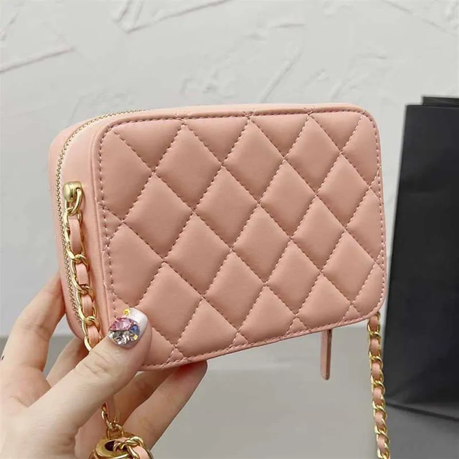 Luxury Ladies Zip Mini Cosmetic Box Bags Solid Color Genuine Leather Shoulder Bag Classic Handbags Gold-Tone Metal Chains Ball Des281k