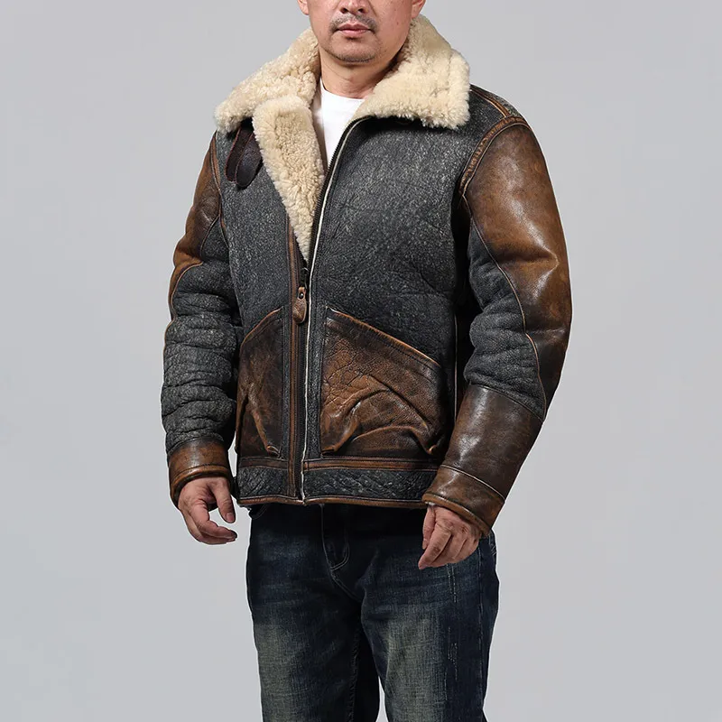 D3 Bomber Vintage retro sheepskin genuine leather jackets men RRL doubel face fur American style flight suit lapel neck