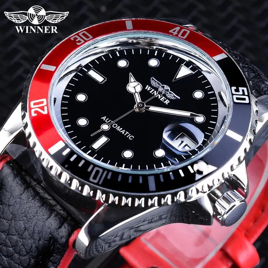 Winner 2018 Fashion Black Red Sport Watches Calendar Display Automatic Self-wind Watches for Men Luminous Hands Genuine Leather262e