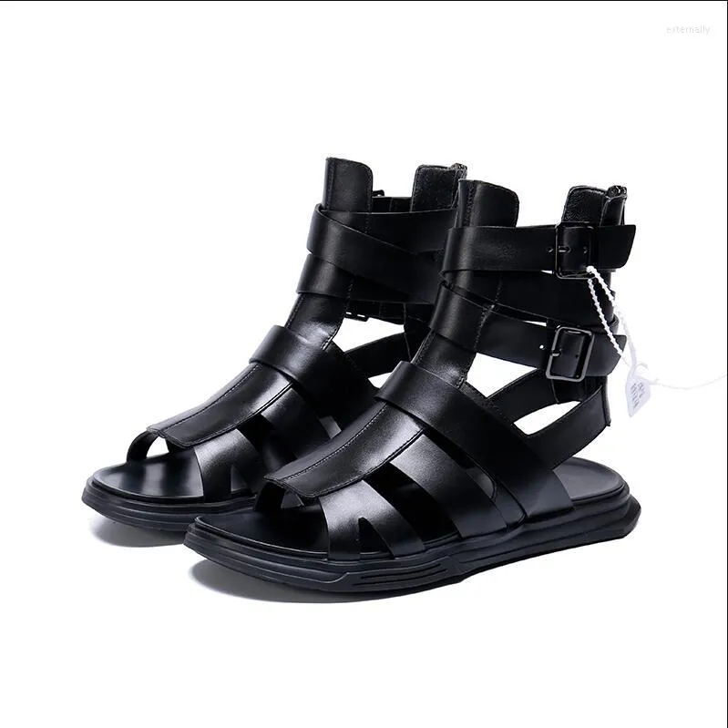 Sandalen High-Top Römisches Leder Herren Casual 2022 Sommerschuhe Mode Schnalle Riemen Strand Reißverschluss Schwarz für Männer