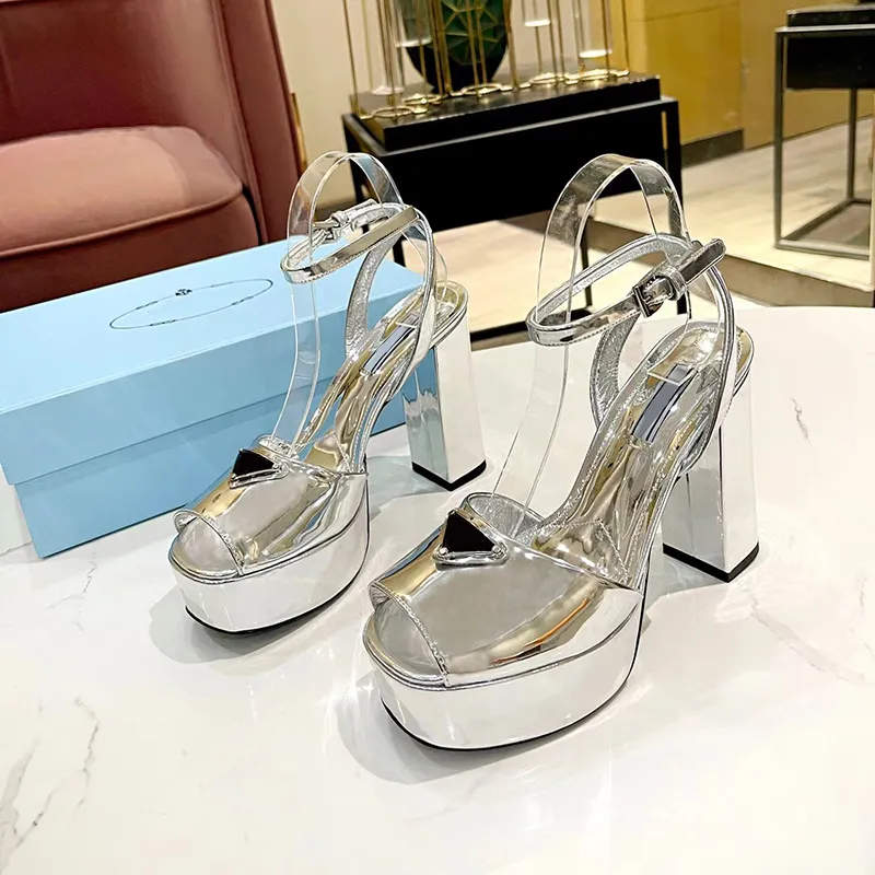 Womens Silver Platform Sandals Summer Coarse Heel Women Sandals Luxury Designer Shoe Genuine Leather Banquet Club Prom 13CM Chunky Heels Party shoes