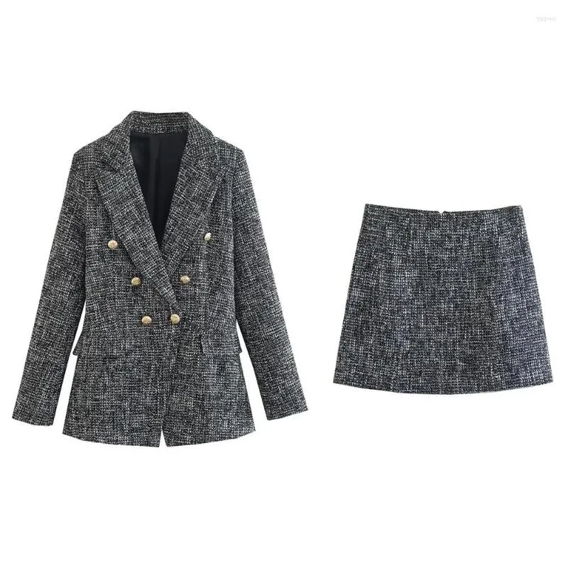 Deux pièces robe femmes automne et hiver 2022 décontracté mode Chic Texture Blazer rétro revers à manches longues poche veste Mini jupe ensemble